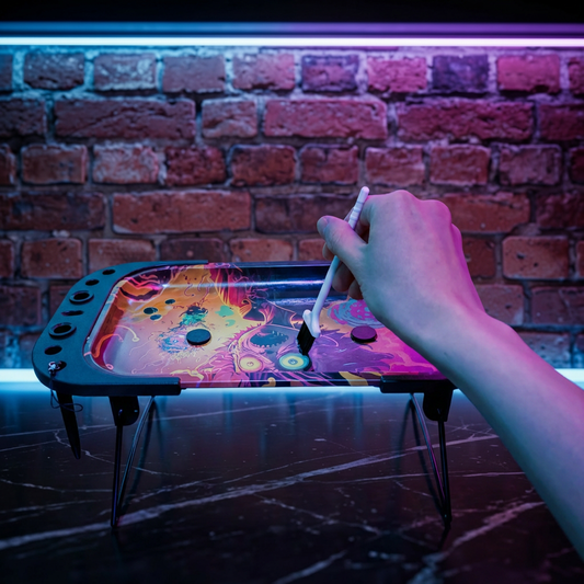Rick and Morty Style Elevated Rolling Tray – Trippy Mad Scientist Prep StationColorful rolling tray on a stand against a brick wall with a hand holding a controller.