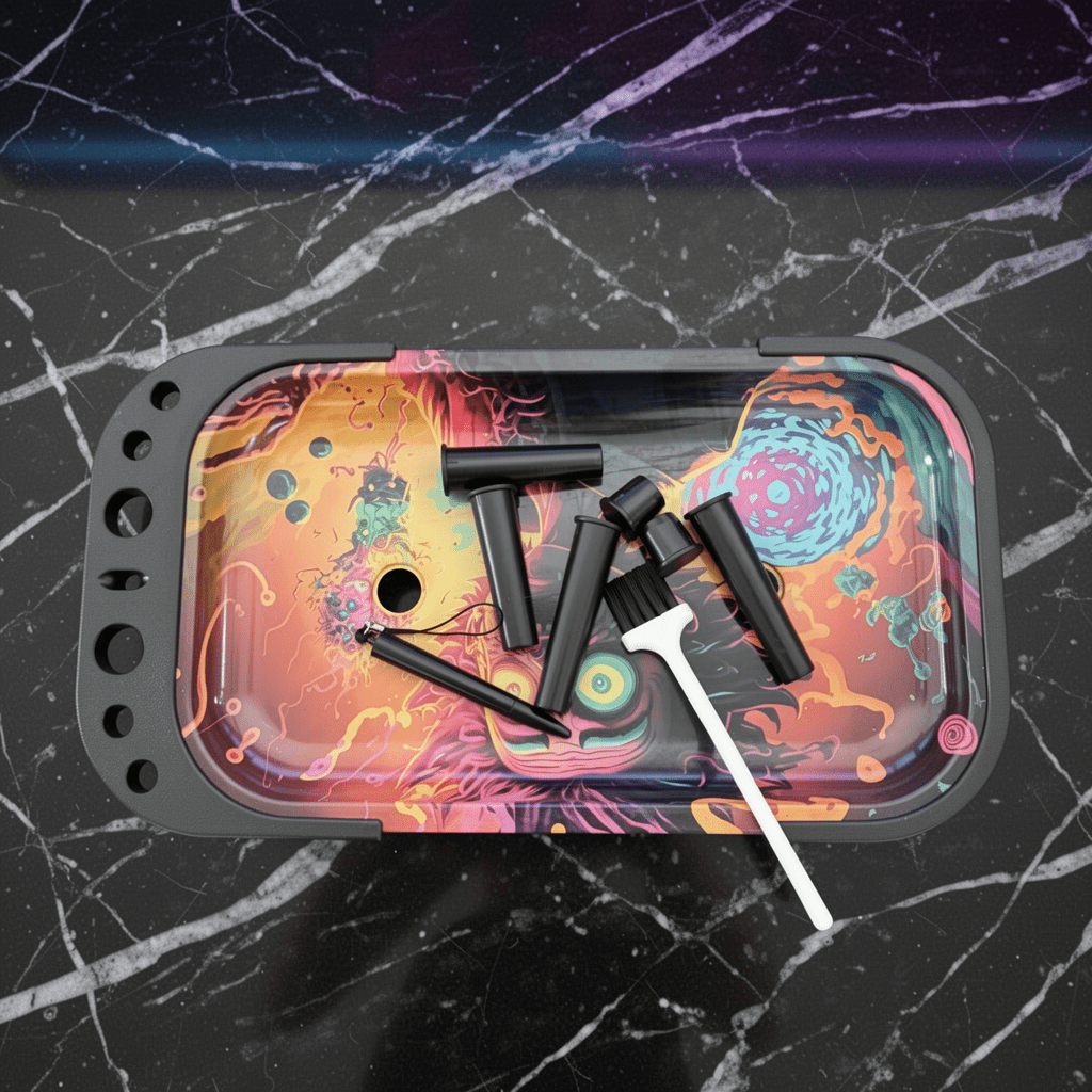 Rick and Morty Style Elevated Rolling Tray – Trippy Mad Scientist Prep StationColorful tray with black cylindrical objects and a white tool on a black marble surface
