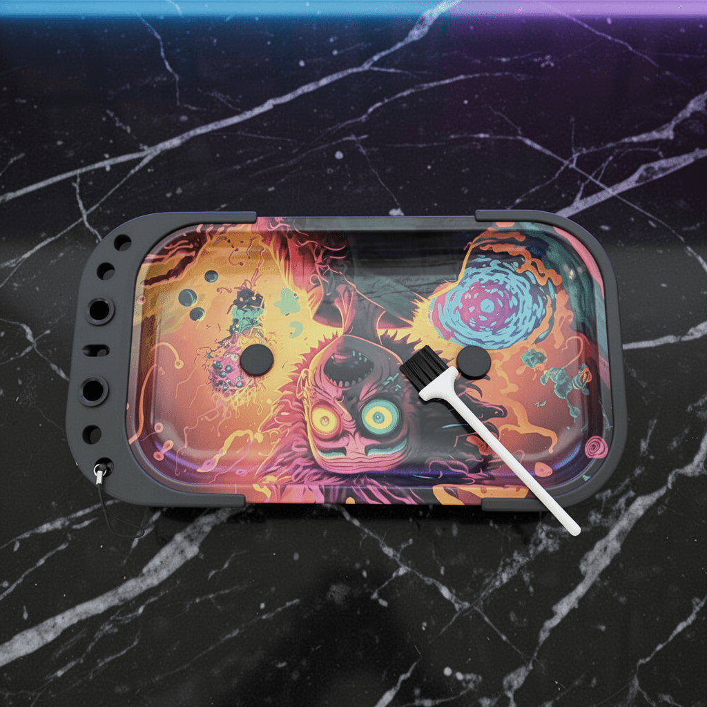 Rick and Morty Style Elevated Rolling Tray – Trippy Mad Scientist Prep StationColorful rolling tray on a black marble surface with a brush