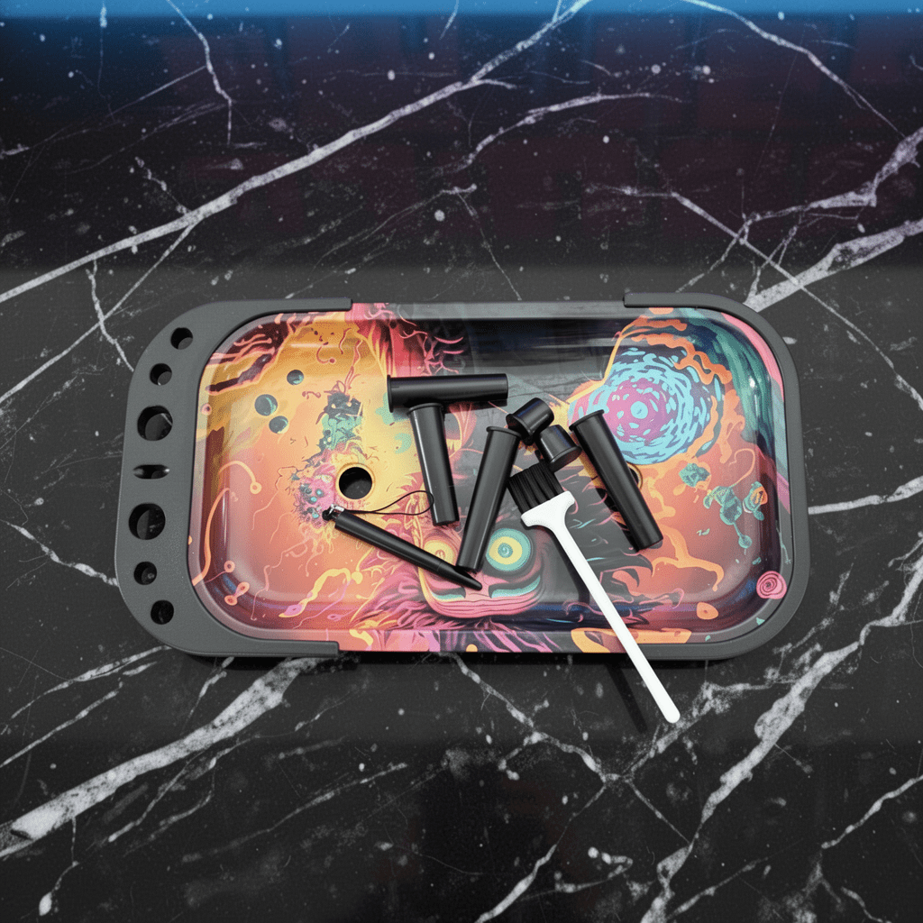 Rick and Morty Style Elevated Rolling Tray – Trippy Mad Scientist Prep StationColorful tray with black and white tools on a black marble surface