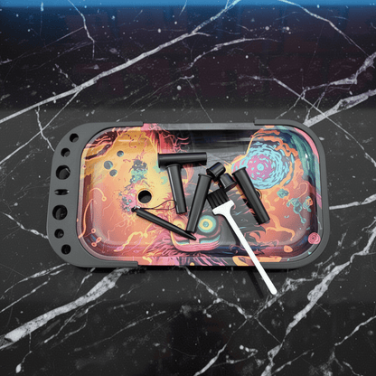 Rick and Morty Style Elevated Rolling Tray – Trippy Mad Scientist Prep StationColorful tray with black and white tools on a black marble surface