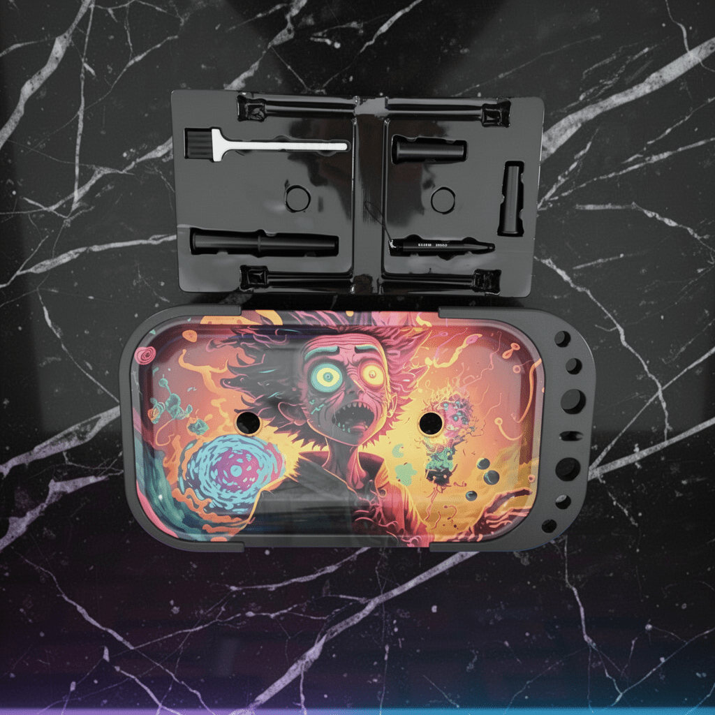 Rick and Morty Style Elevated Rolling Tray – Trippy Mad Scientist Prep StationColorful rolling tray with a design on a black marble background