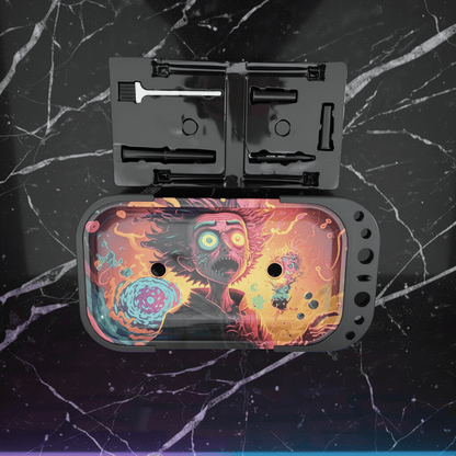 Rick and Morty Style Elevated Rolling Tray – Trippy Mad Scientist Prep StationColorful rolling tray with a design on a black marble background