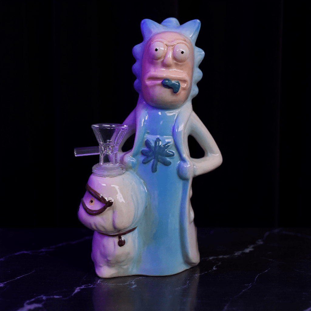 Rick Ceramic Bong – Funny Glazed Cartoon Smoking Water Pipe –Front view of Rick - themed ceramic bong