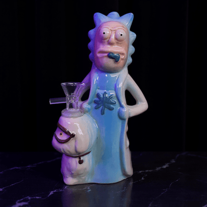 Rick Ceramic Bong – Funny Glazed Cartoon Smoking Water Pipe –Front view of Rick - themed ceramic bong