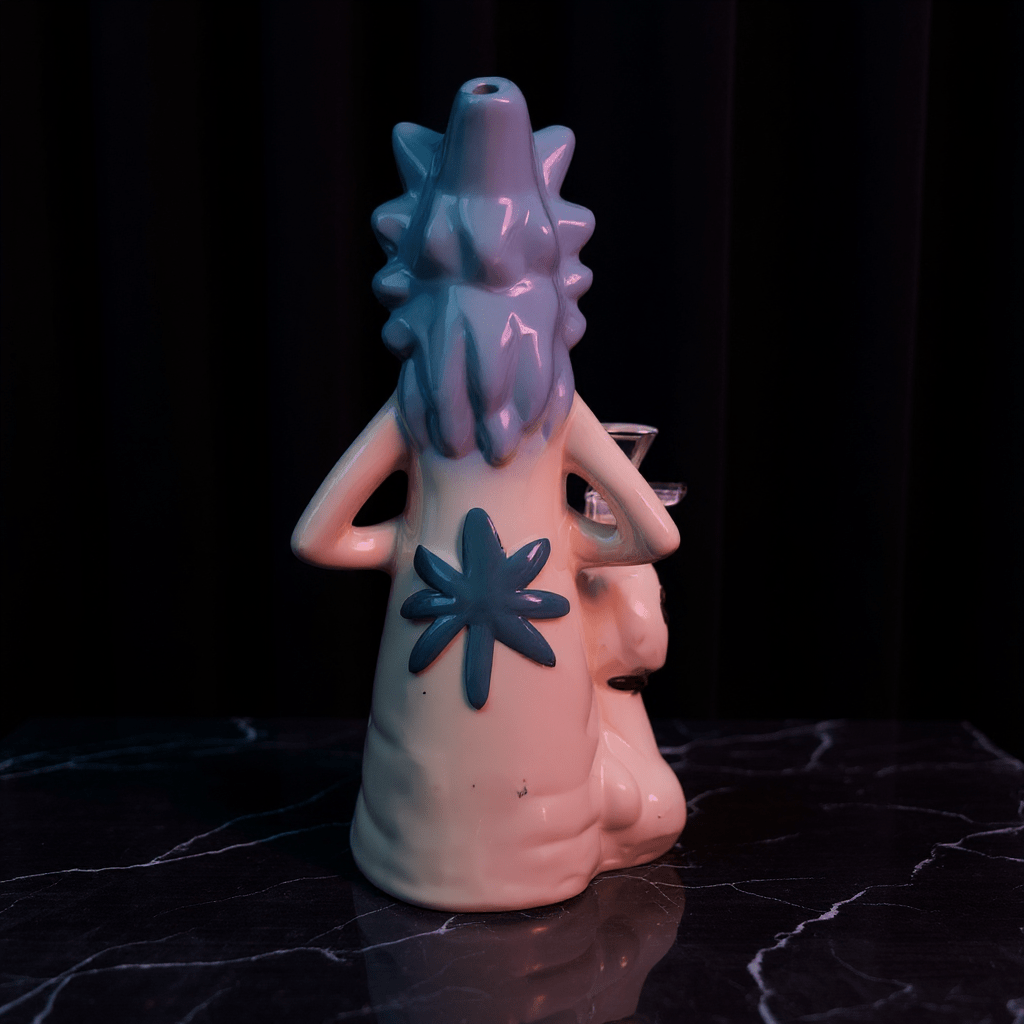 Rick Ceramic Bong – Funny Glazed Cartoon Smoking Water Pipe Back view of Rick ceramic bong featuring a green leaf design
