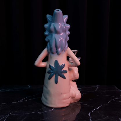 Rick Ceramic Bong – Funny Glazed Cartoon Smoking Water Pipe Back view of Rick ceramic bong featuring a green leaf design