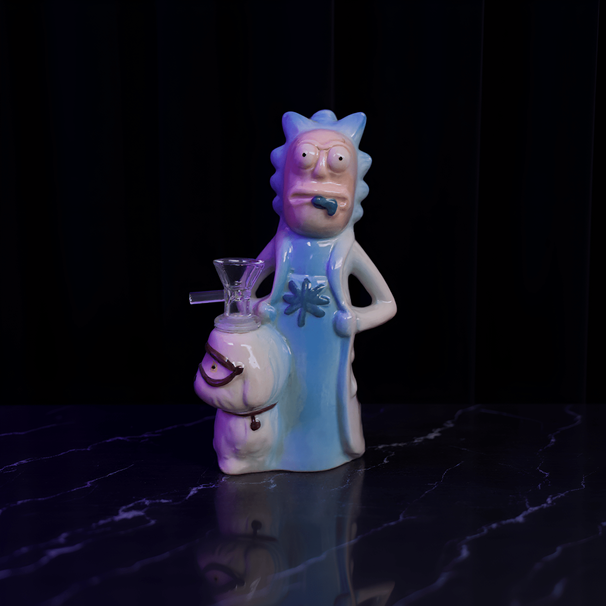 Rick Ceramic Bong – Funny Glazed Cartoon Smoking Water Pipe Front view of Rick - themed ceramic bong
