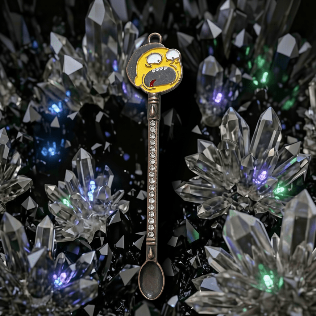 Sci - Fi Cartoon Mini Spoon – Rhinestone Festival Scoop & Dab ToolSpoon with cartoon character handle on a dark background with crystal - like decorations