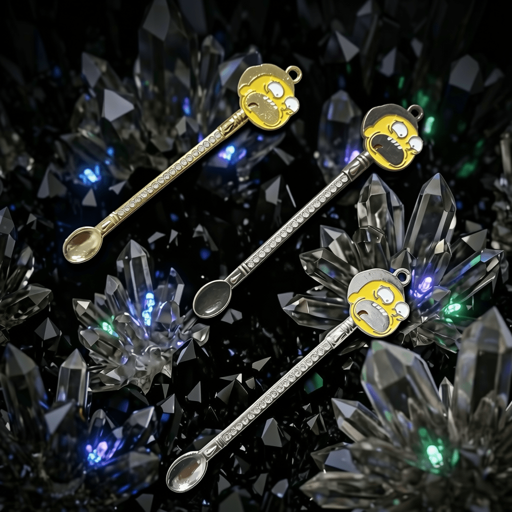 Sci - Fi Cartoon Mini Spoon – Rhinestone Festival Scoop & Dab ToolThree decorative spoons with cartoon character ends on a crystal background