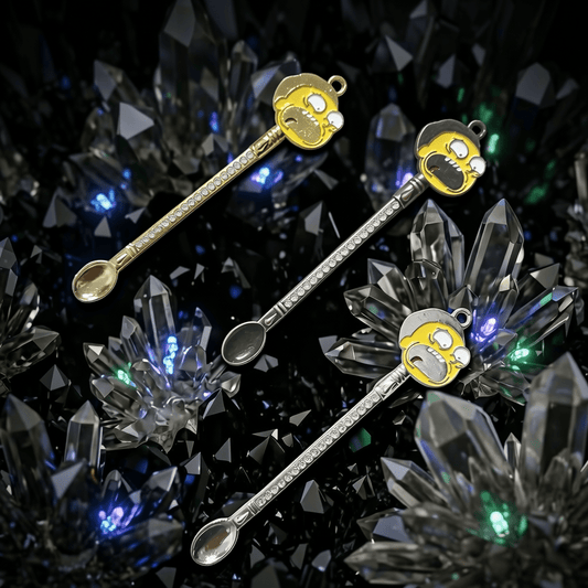Sci - Fi Cartoon Mini Spoon – Rhinestone Festival Scoop & Dab ToolThree decorative spoons with cartoon character ends on a crystal background