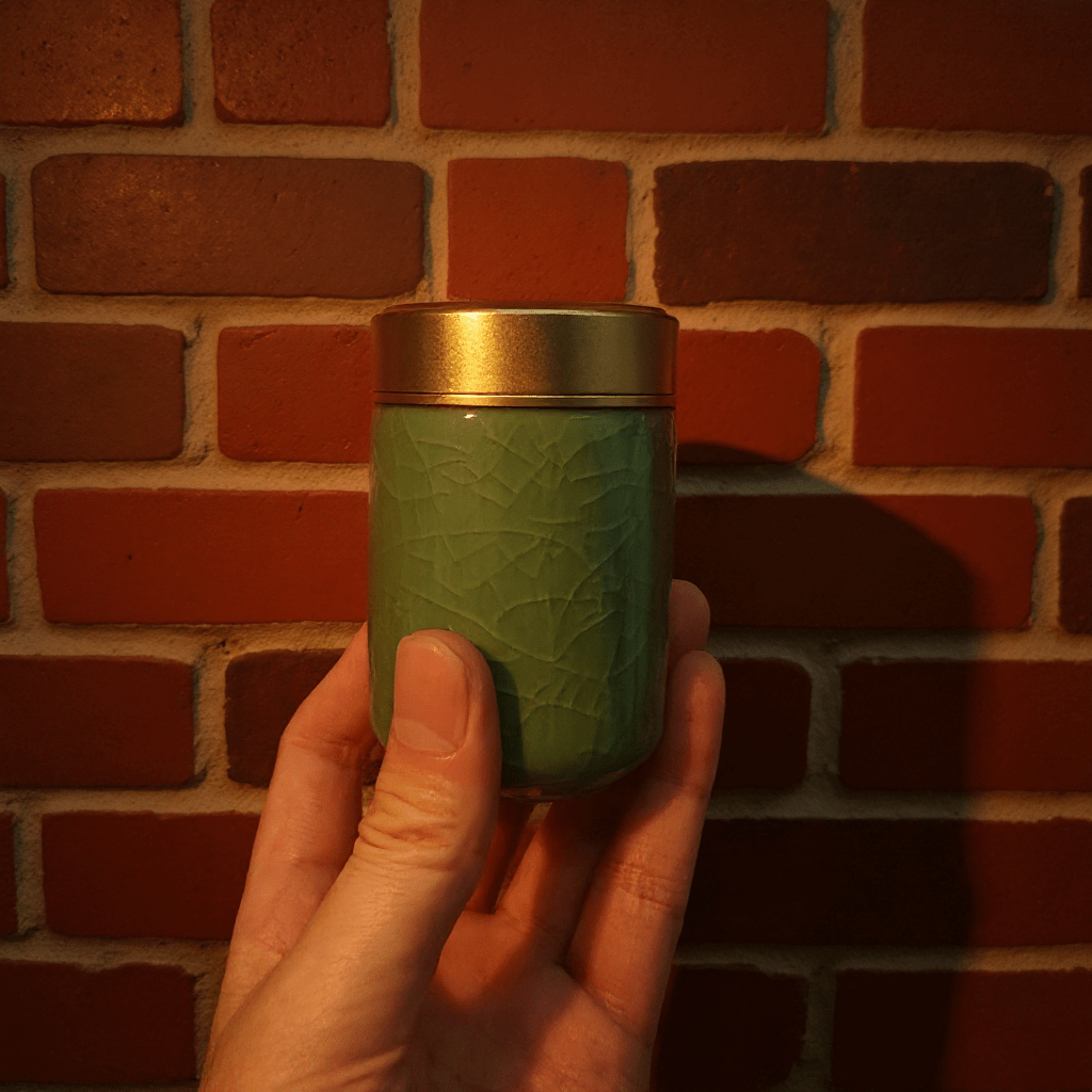 Smooth Green Celadon Porcelain Stash JarHand holding a green porcelain container with gold lid against a brick wall.