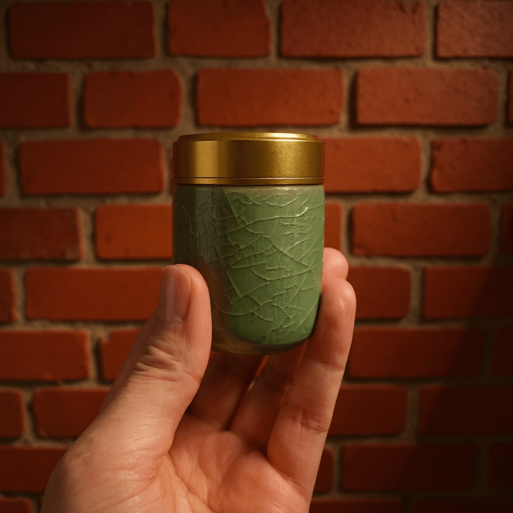 Smooth Green Celadon Porcelain Stash JarGreen celadon porcelain container with gold lid held in front of a brick wall