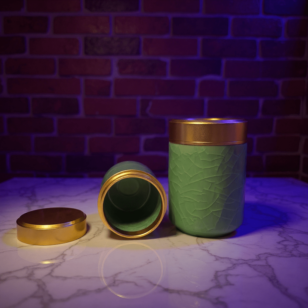 Smooth Green Celadon Porcelain Stash JarGreen celadon porcelain stash jar with gold lid on a marble surface