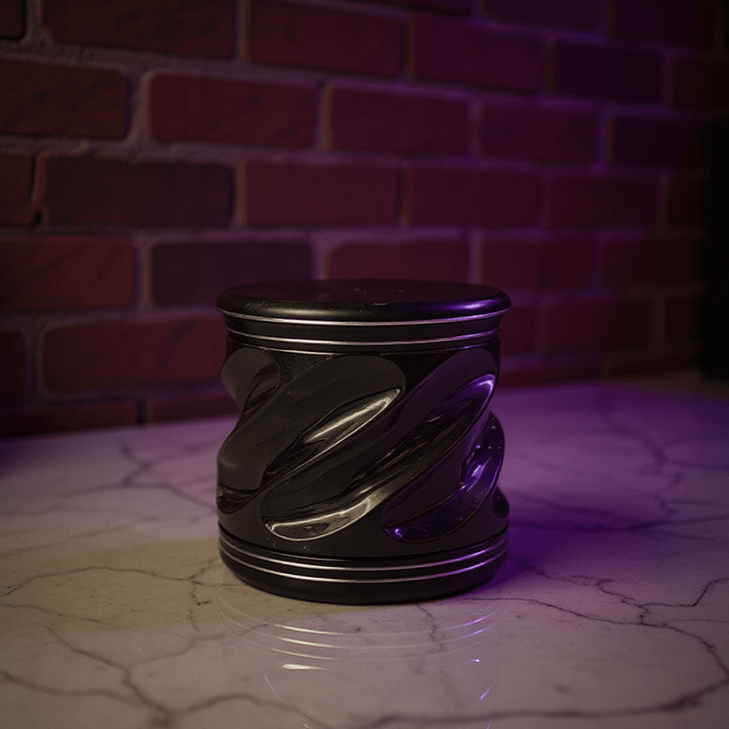Spiral Grip Aluminum Herb Grinder - Metallic cylindrical tobacco grinder with a swirling design on a reflective surface