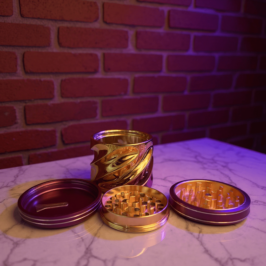 Spiral Grip Aluminum Herb Grinder - Gold and purple grinder set on a marble surface with a brick wall background