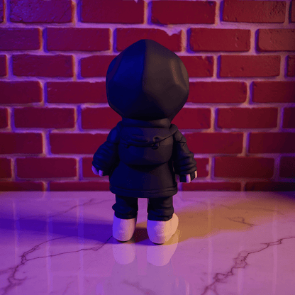 Streetwear Hoodie Skeleton Grinder – Urban Skull Crushernavy hooded figure standing against a brick wall with a purple hue