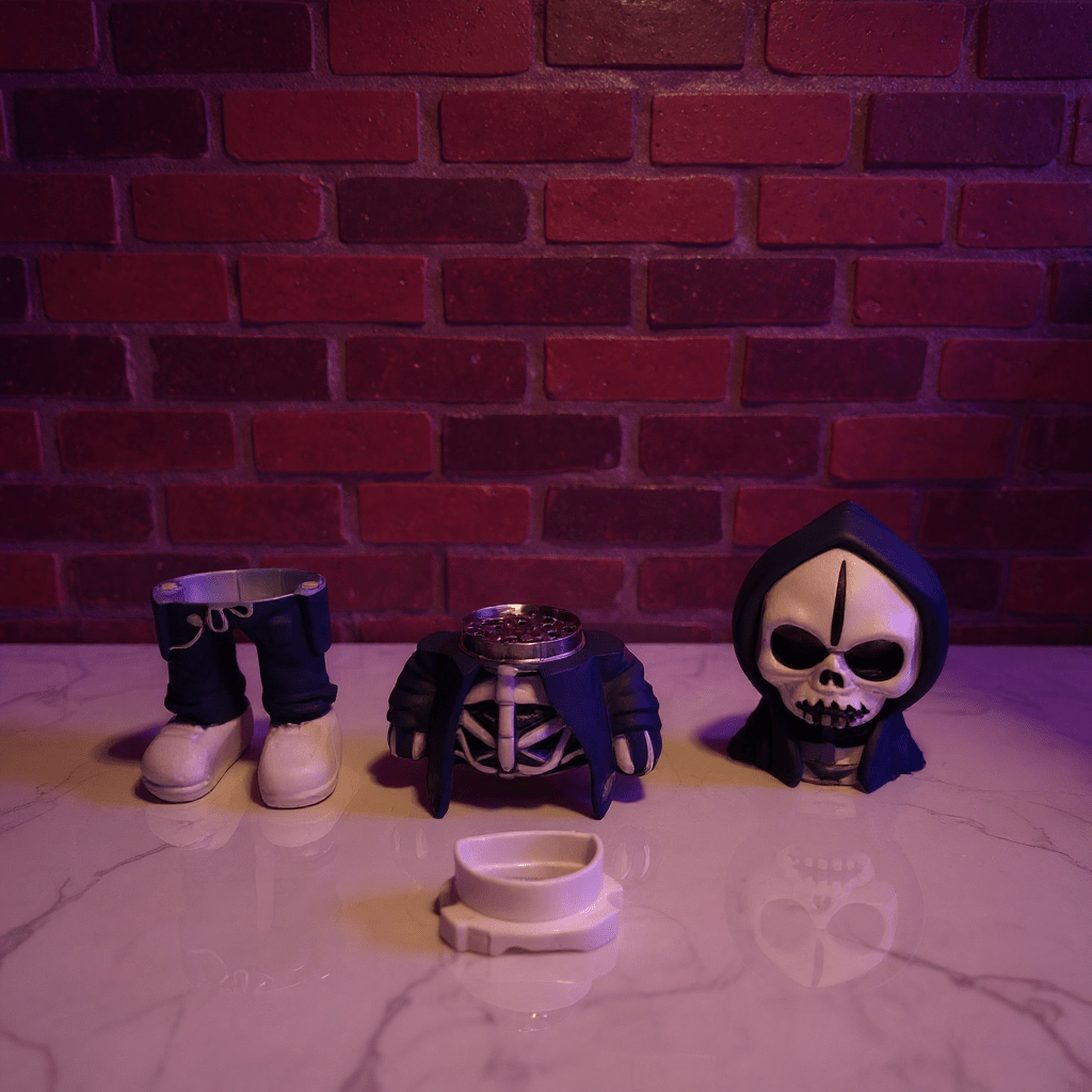 Streetwear Hoodie Skeleton Grinder – Urban Skull Crushera skull - shaped grinder on a marble surface with a brick wall background.