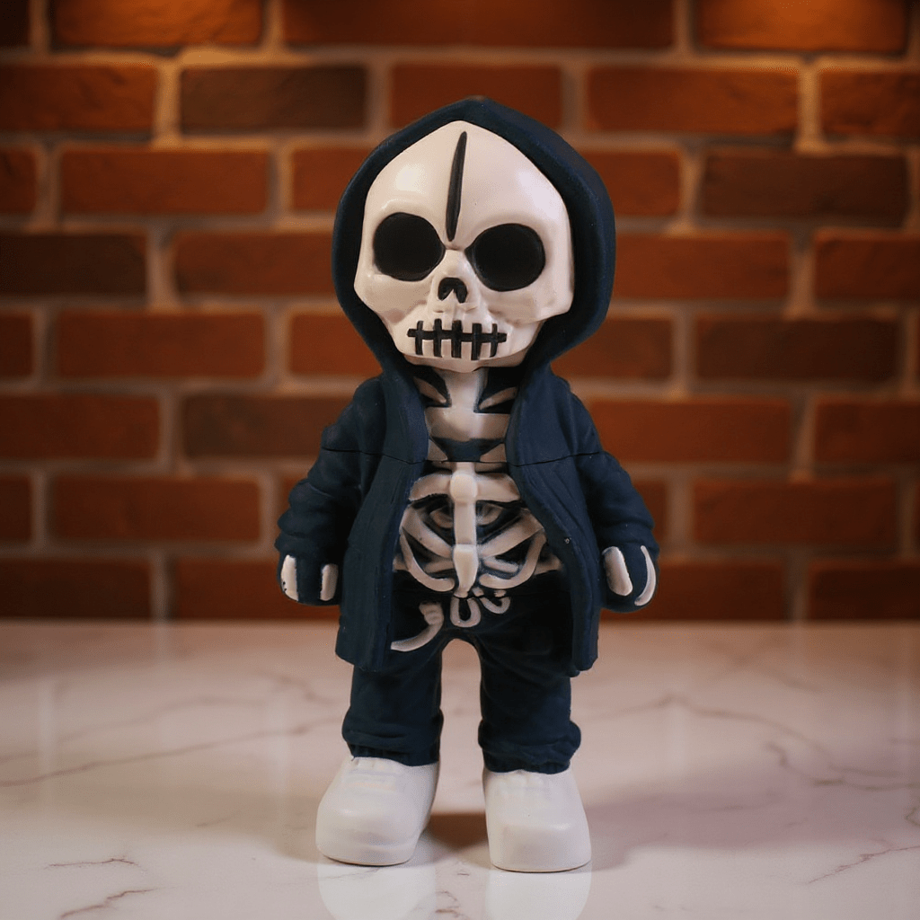 Streetwear Hoodie Skeleton Grinder – Urban Skull CrusherBlue skeleton grinder with a dark blue hooded outfit against a brick wall.