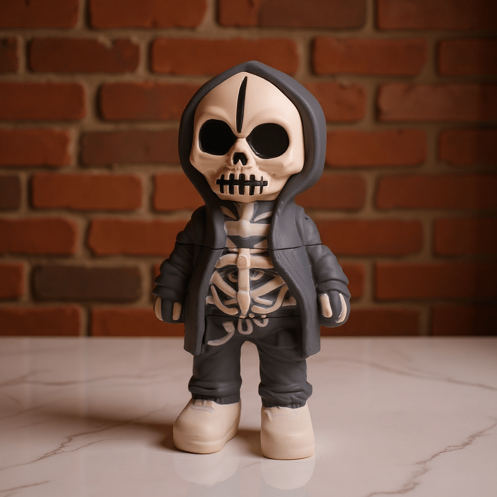 Streetwear Hoodie Skeleton Grinder – Urban Skull CrusherGray skeleton grinder with a hood in front of a brick wall