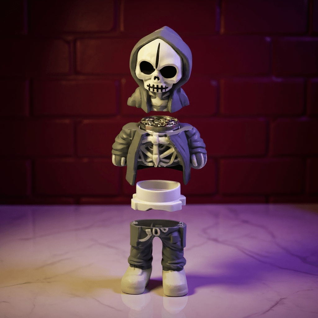 Streetwear Hoodie Skeleton Grinder – Urban Skull CrusherSkeleton grinder set with a hat and jacket on a reflective surface with a brick wall background