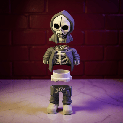 Streetwear Hoodie Skeleton Grinder – Urban Skull CrusherSkeleton grinder set with a hat and jacket on a reflective surface with a brick wall background