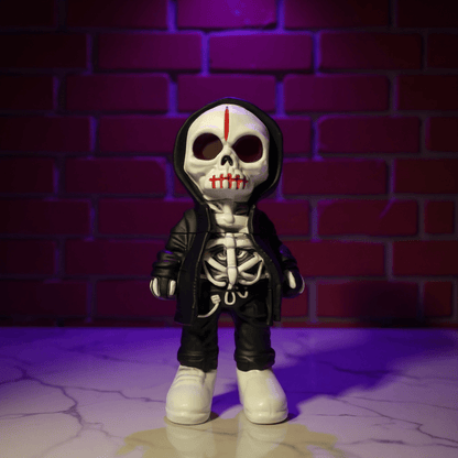 Streetwear Hoodie Skeleton Grinder – Urban Skull CrusherSkeleton figure with a red mark on its head against a brick wall background