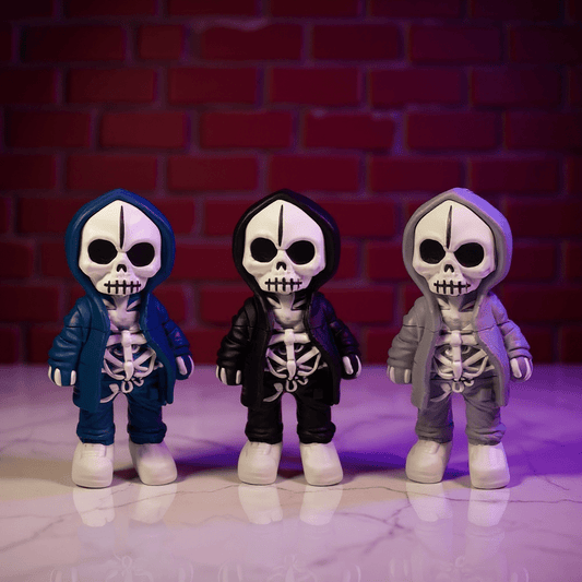 Streetwear Hoodie Skeleton Grinder – Urban Skull CrusherThree skeleton grinder in different outfits against a brick wall background