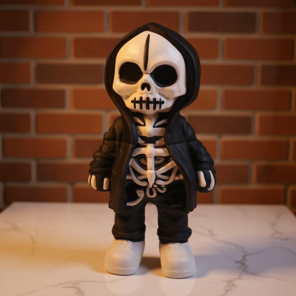 Streetwear Hoodie Skeleton Grinder – Urban Skull CrusherBlack skeleton grinder with a black hood against a brick wall background