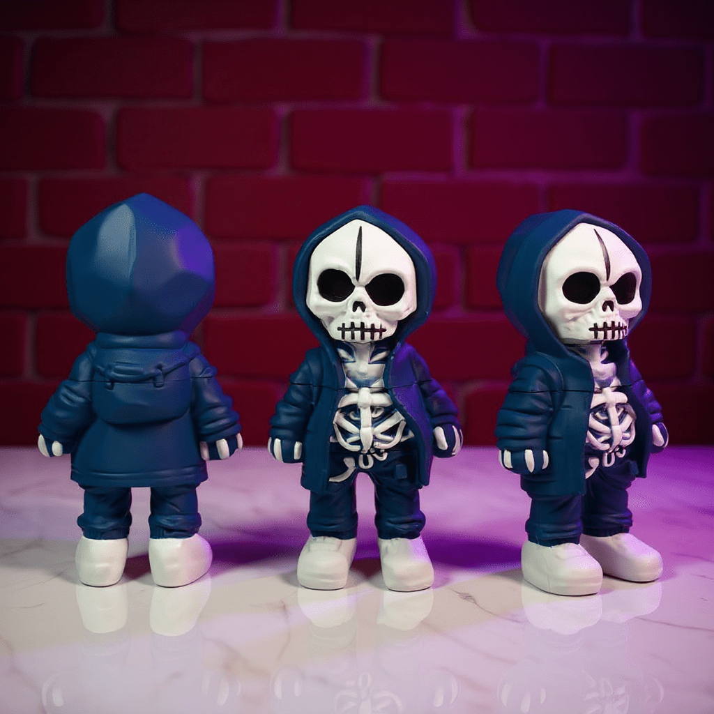 Streetwear Hoodie Skeleton Grinder – Urban Skull CrusherThree skeleton grinder in blue outfits with hoodies against a red brick wall.