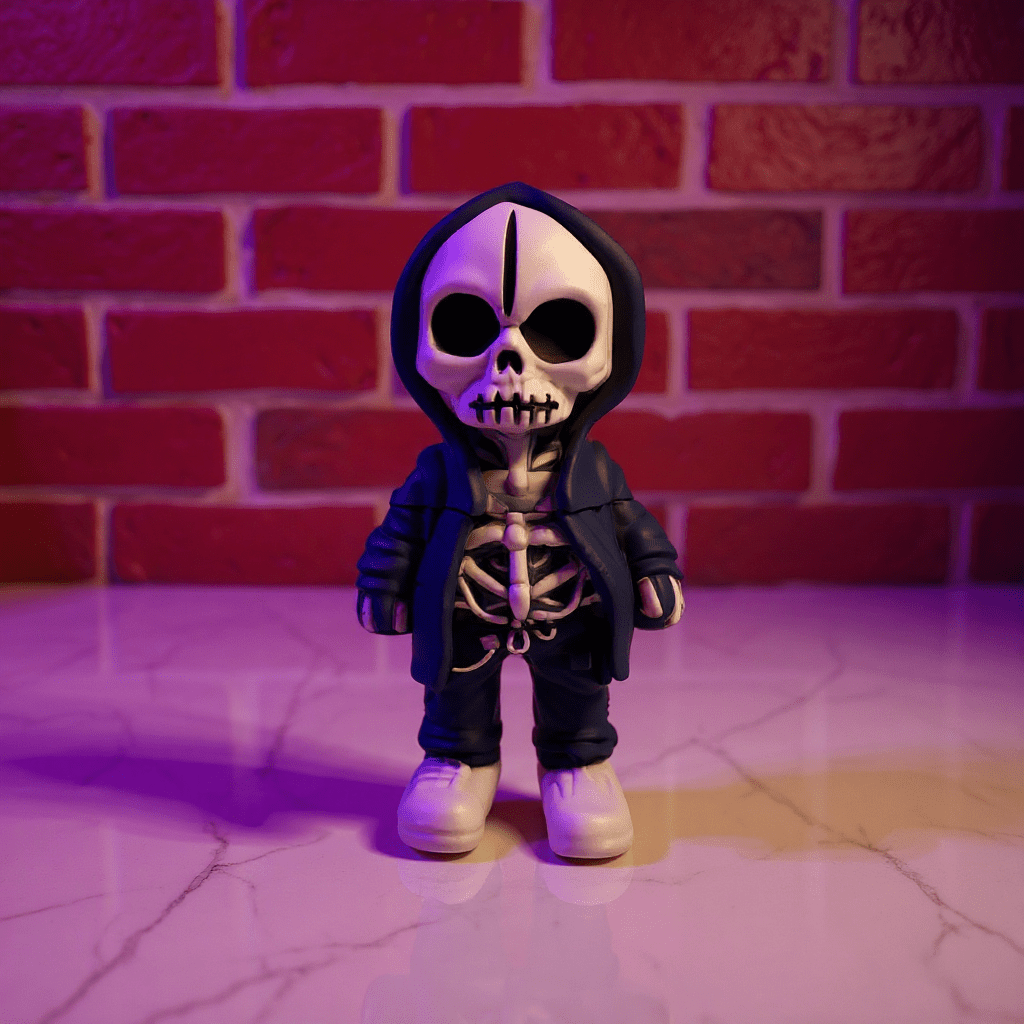 Streetwear Hoodie Skeleton Grinder – Urban Skull CrusherSkeleton grinder in a navy hoodie standing against a brick wall.