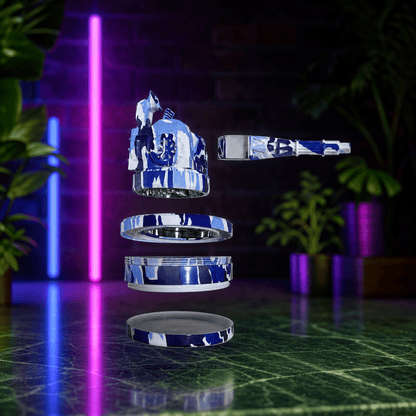 Tactical Operator Cannon Grinder & Pipe ComboFuturistic metallic grinder evitating on a reflective surface with neon lights and plants in the background