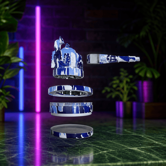 Tactical Operator Cannon Grinder & Pipe ComboFuturistic metallic grinder evitating on a reflective surface with neon lights and plants in the background