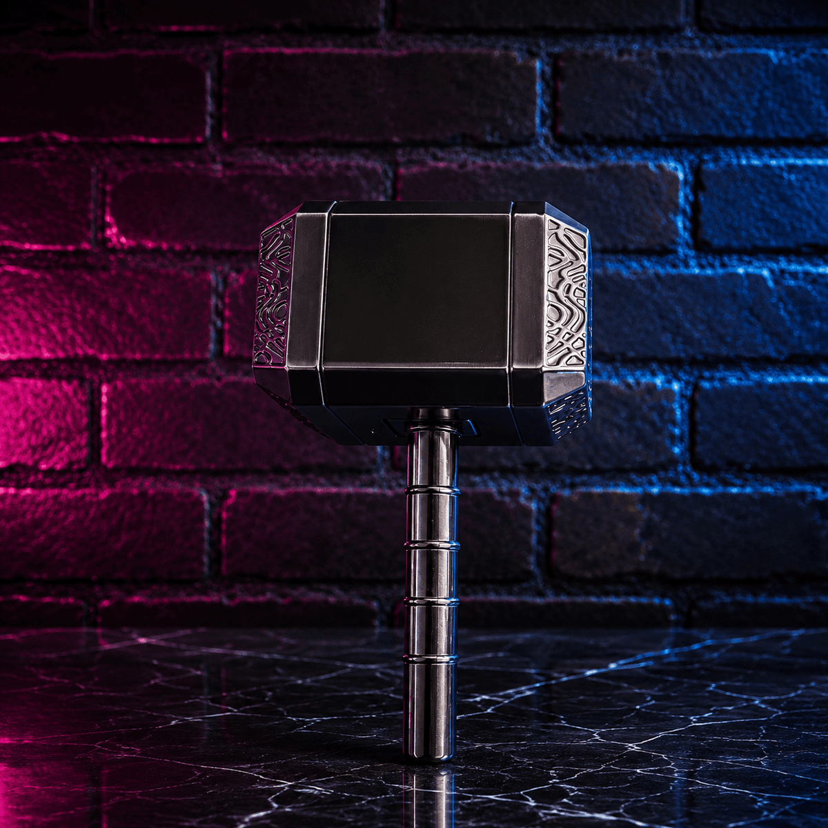 Thor Hammer Shape Grinder – 4-Part Metal GrinderA miniature replica of Thor's hammer, Mjolnir, standing upright on a dark marble-like surface against a dark brick wall backdrop illuminated with pink and blue neon lighting.