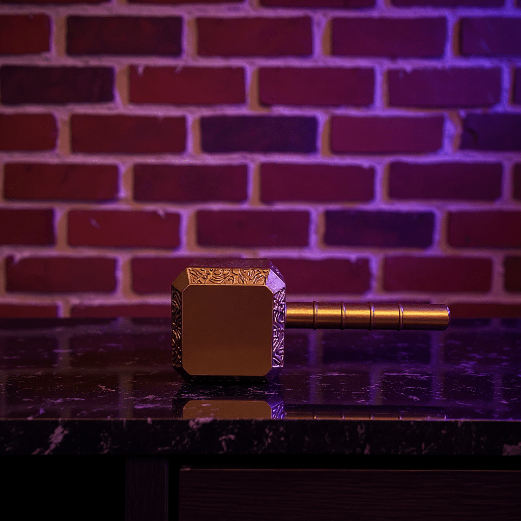 Thor Hammer Shape Grinder – 4 - Part Metal Grinderhammer grinder with gold and bronze design on a dark surface against a brick wall.