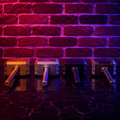 Thor Hammer Shape Grinder – 4-Part Metal GrinderFour miniature Thor's hammer (Mjolnir) replica props lined up on a dark reflective surface against a red and purple-lit brick wall background.