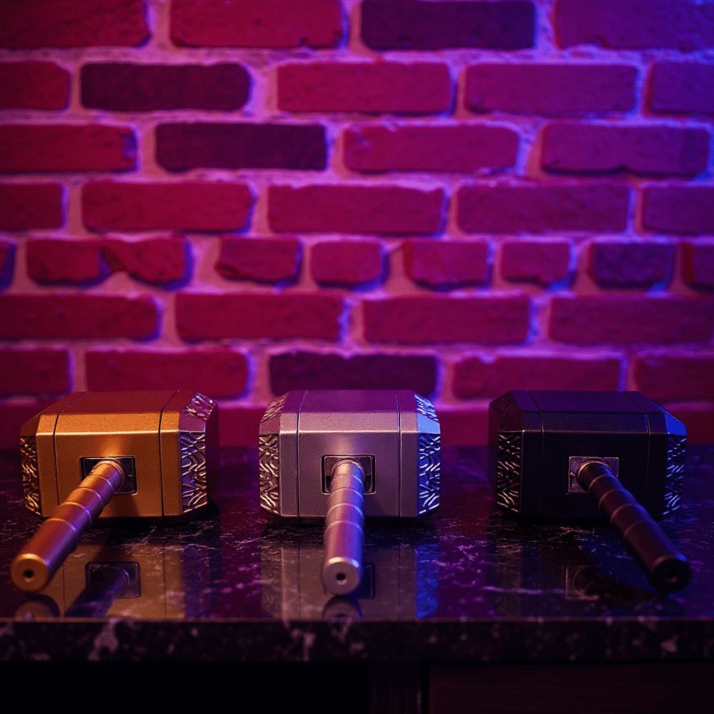 Thor Hammer Shape Grinder – 4 - Part Metal GrinderThree hammer grinders on a reflective surface with a brick wall background