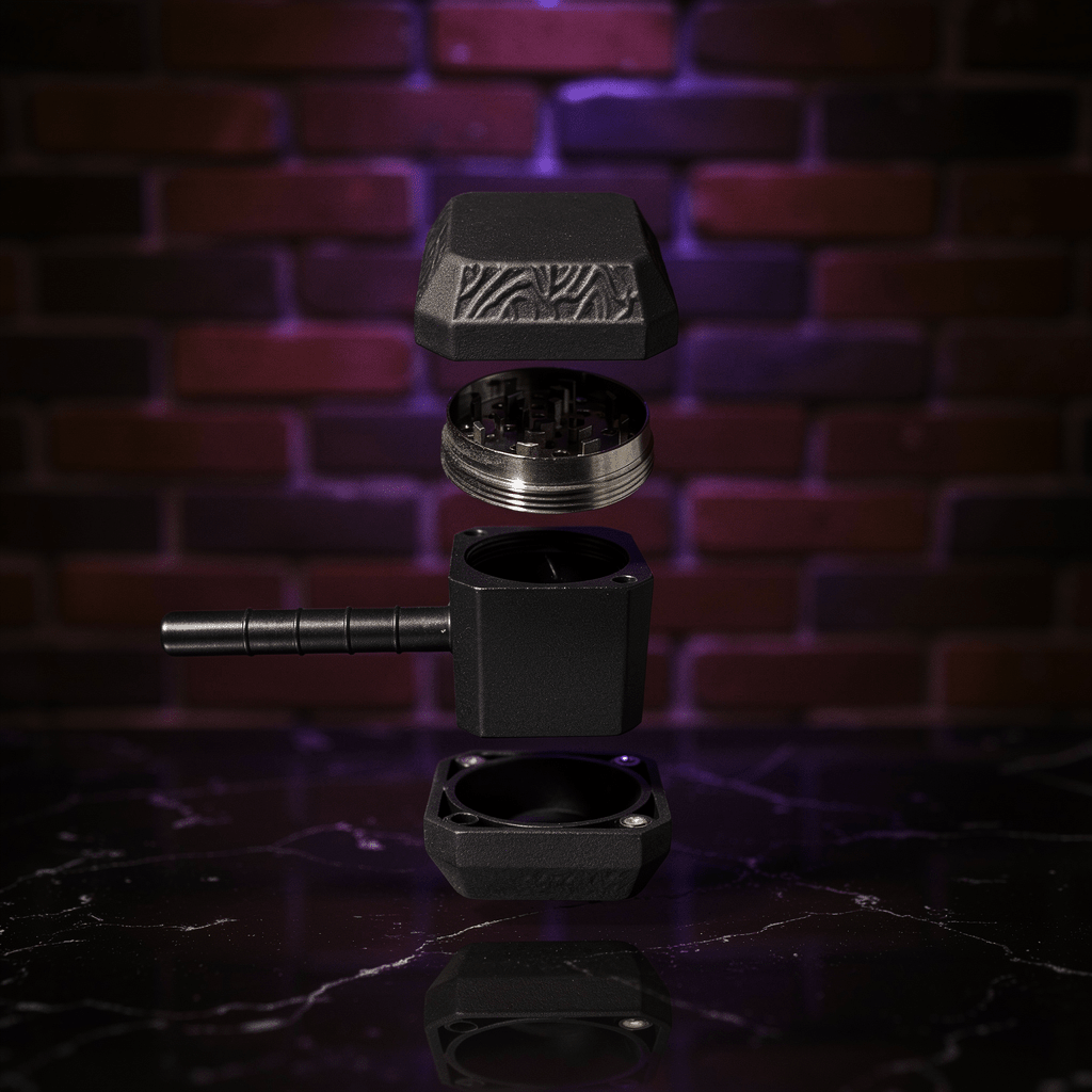 Thor Hammer Shape Grinder – 4-Part Metal GrinderA black metal vape device shown disassembled into its individual parts, floating vertically against a dark brick wall background with purple lighting.
