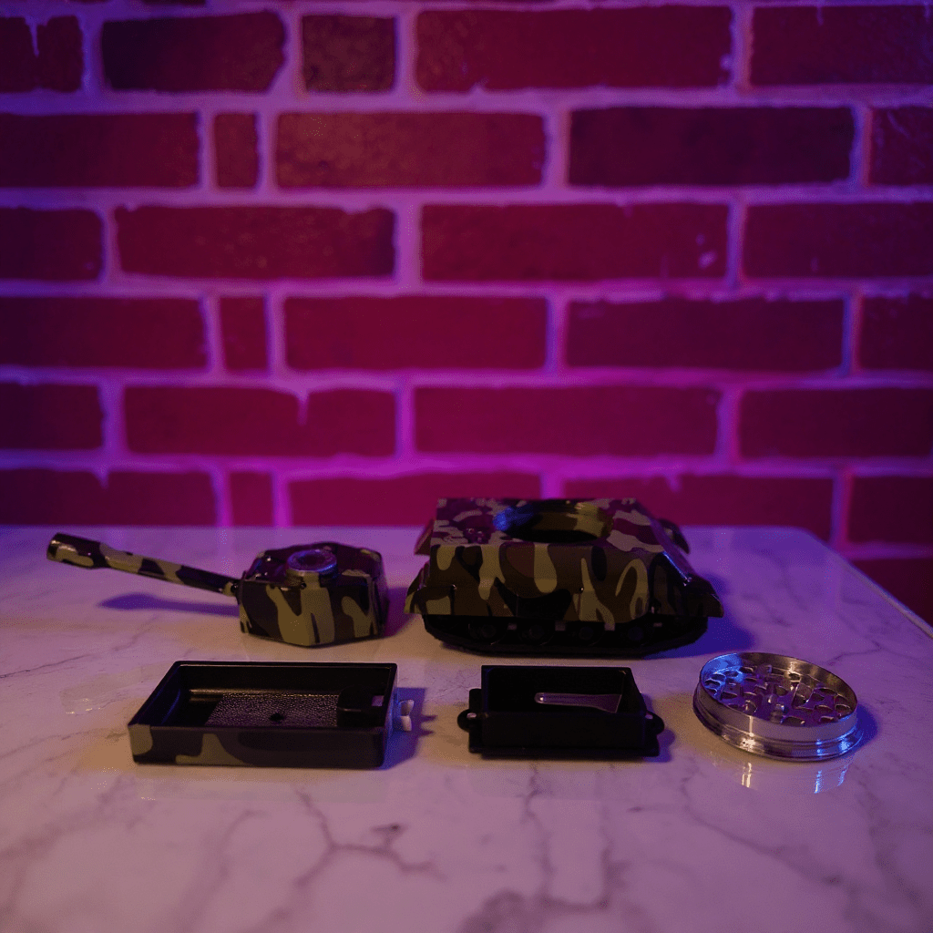 Camouflage - patterned tiger panzer tank on a marble surface with a brick wall background