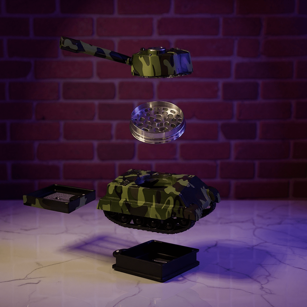 tiger panzer tank grinder with a metallic grinder on a textured surface with a brick wall background.