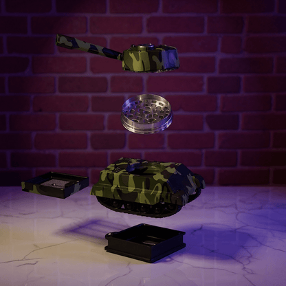 tiger panzer tank grinder with a metallic grinder on a textured surface with a brick wall background.