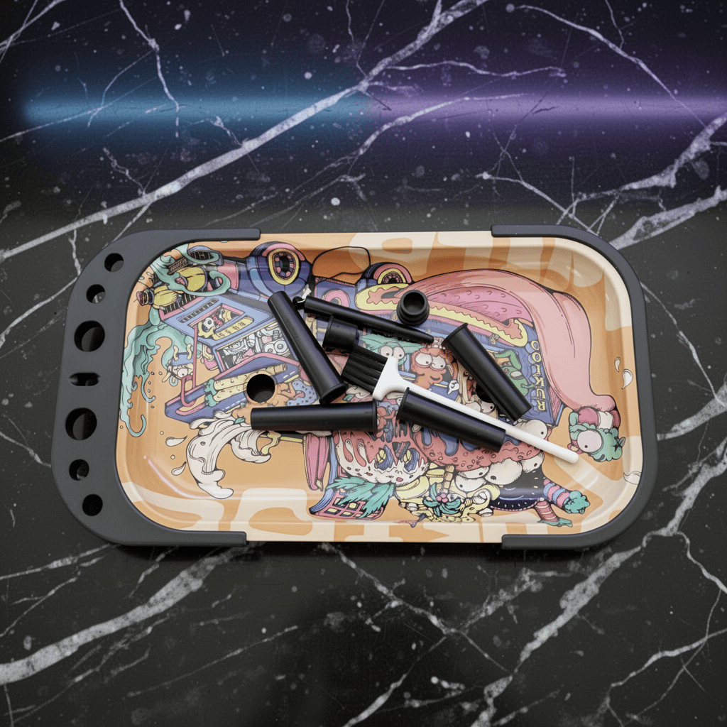Trippy Cartoon Elevated Rolling Tray Station – Pop Art Mini Prep TableColorful tray with black items on a dark marble surface