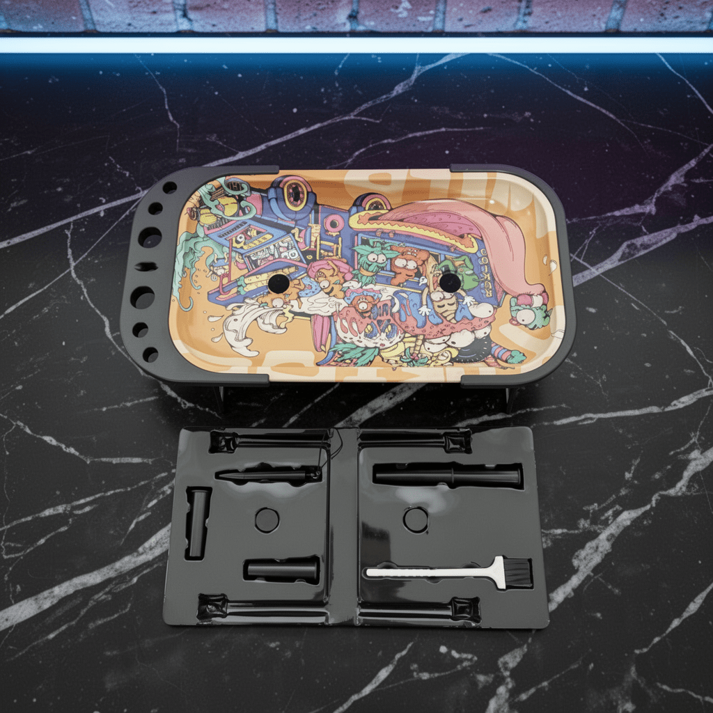 Trippy Cartoon Elevated Rolling Tray Station – Pop Art Mini Prep TableColorful tray with intricate design on a black marble surface