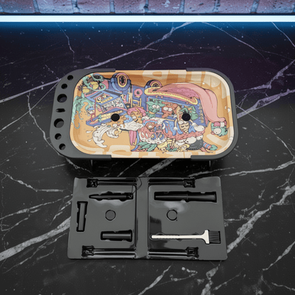 Trippy Cartoon Elevated Rolling Tray Station – Pop Art Mini Prep TableColorful tray with intricate design on a black marble surface
