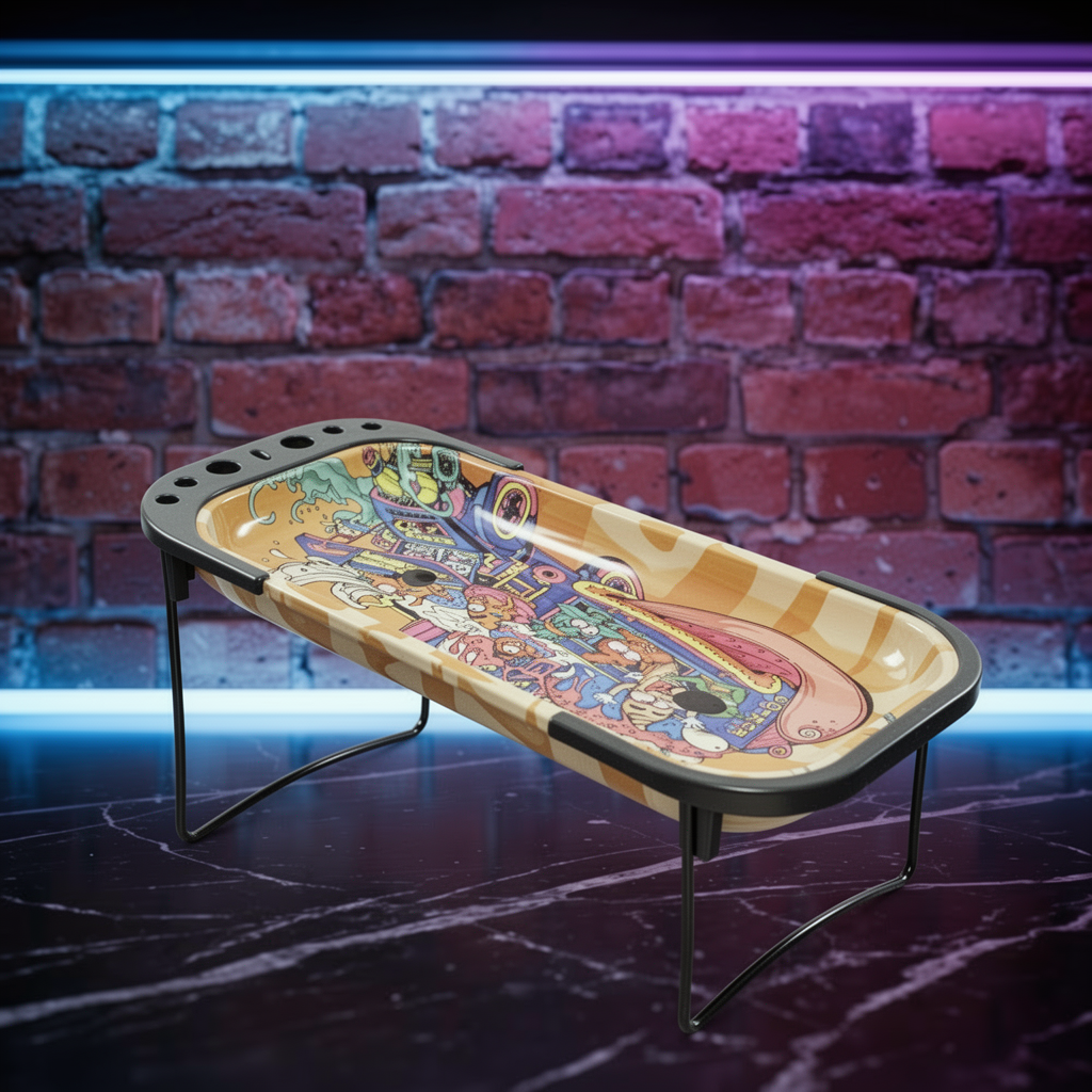 Trippy Cartoon Elevated Rolling Tray Station – Pop Art Mini Prep TableColorful mini smoking tray table against a brick wall background