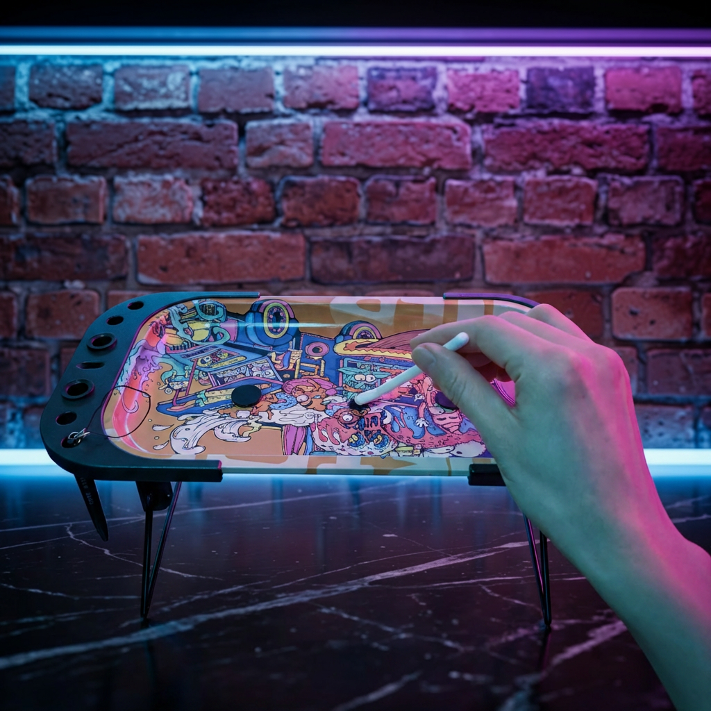 Trippy Cartoon Elevated Rolling Tray Station – Pop Art Mini Prep TableHand holding a cigarette above a colorful rolling tray against a brick wall.