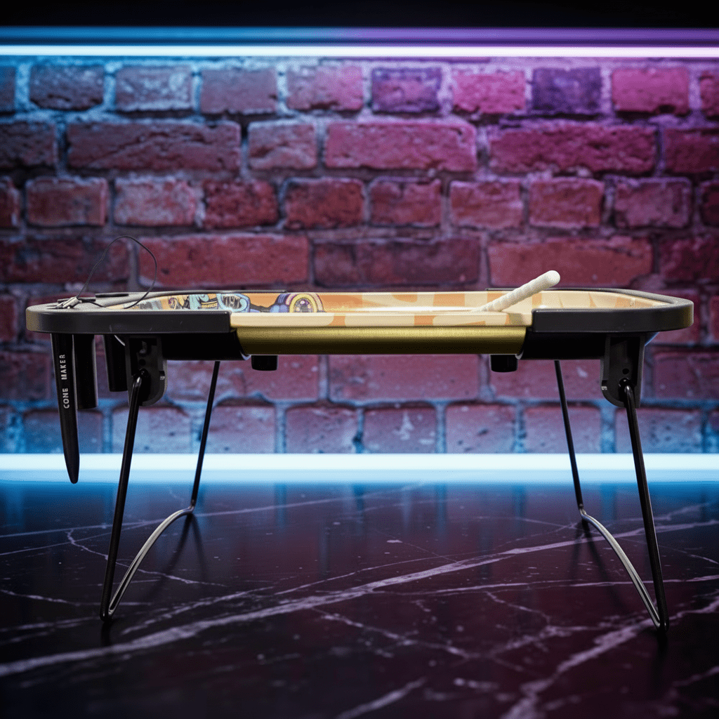 Trippy Cartoon Elevated Rolling Tray Station – Pop Art Mini Prep Tablerolling tray table with a black metal stand against a brick wall.
