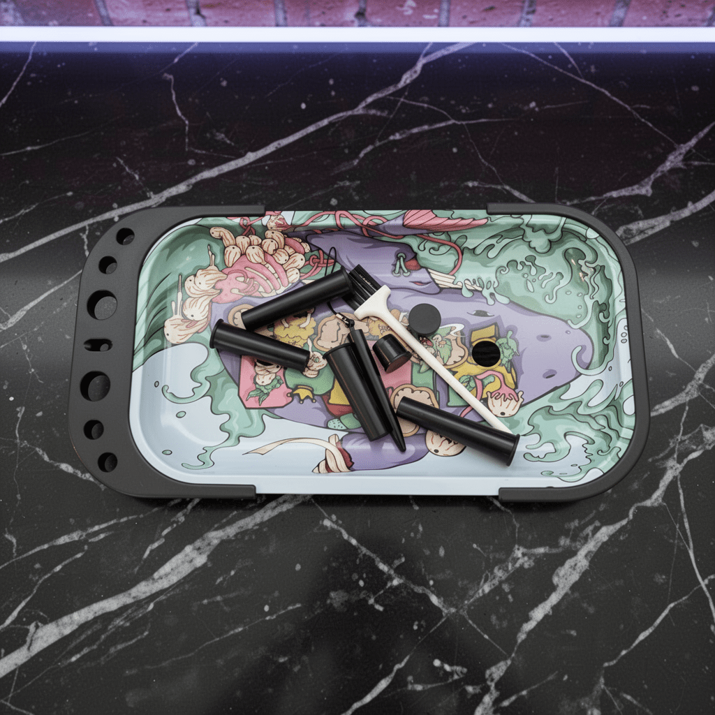 Trippy Mushroom Standing Rolling Tray – Psychedelic Prep StationColorful tray with black cylindrical objects on a black marble surface