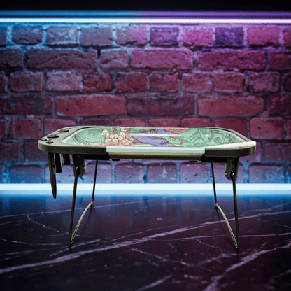 Trippy Mushroom Standing Rolling Tray – Psychedelic Prep Stationrolling tray set up on a stand against a brick wall with neon lighting.