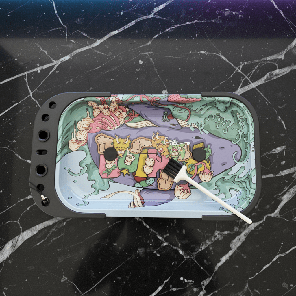 Trippy Mushroom Standing Rolling Tray – Psychedelic Prep Stationrolling tray with cartoon design on a black marble surface
